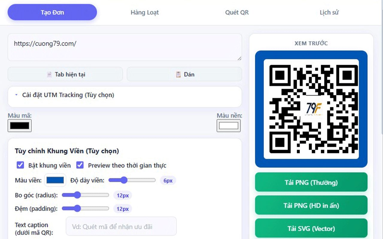 Tùy chỉnh khung viền với preview theo thời gian thực — 79F QR Code Generate PRO